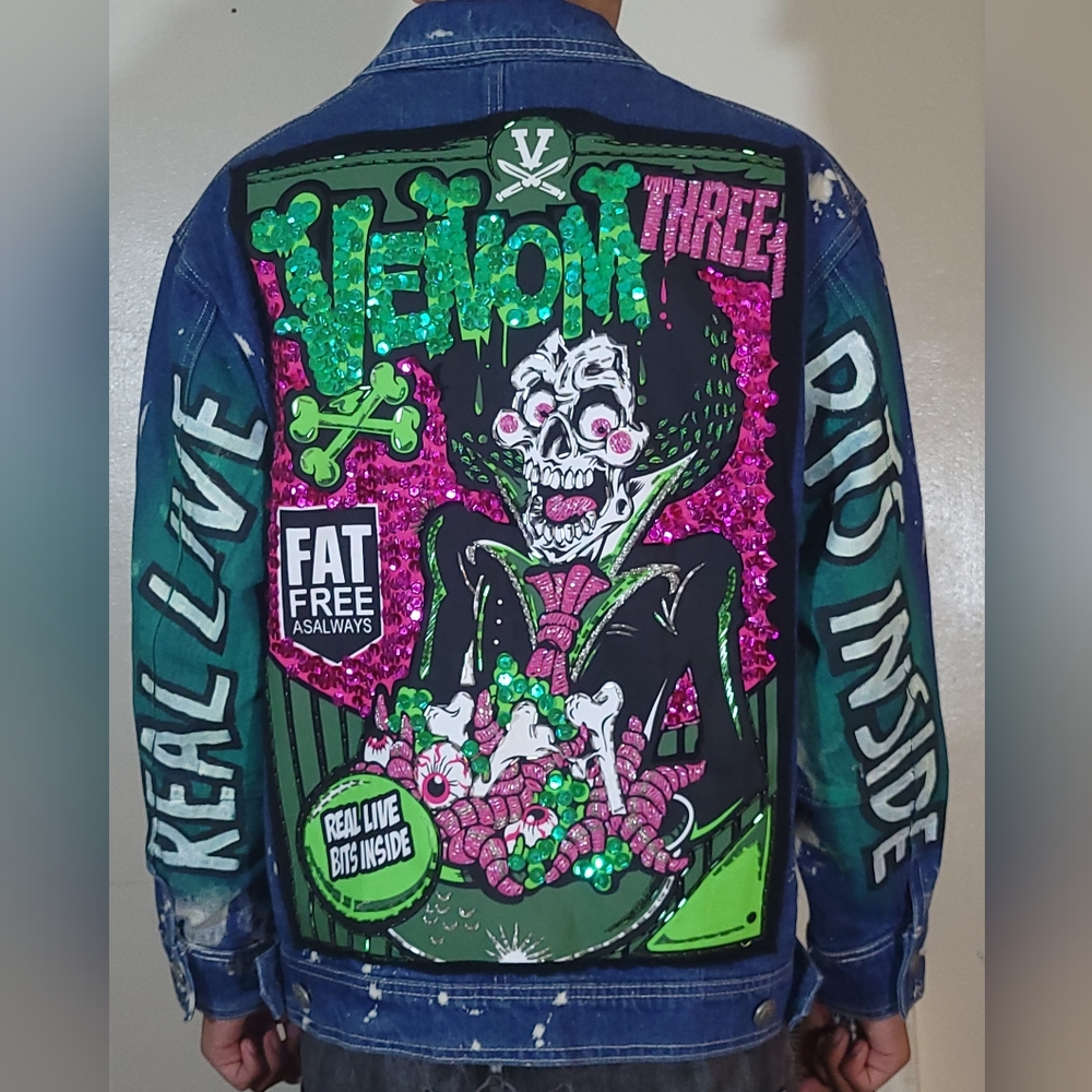 Custom Horror Punk Beaded Jean Jacket Medium Zombie Grunge